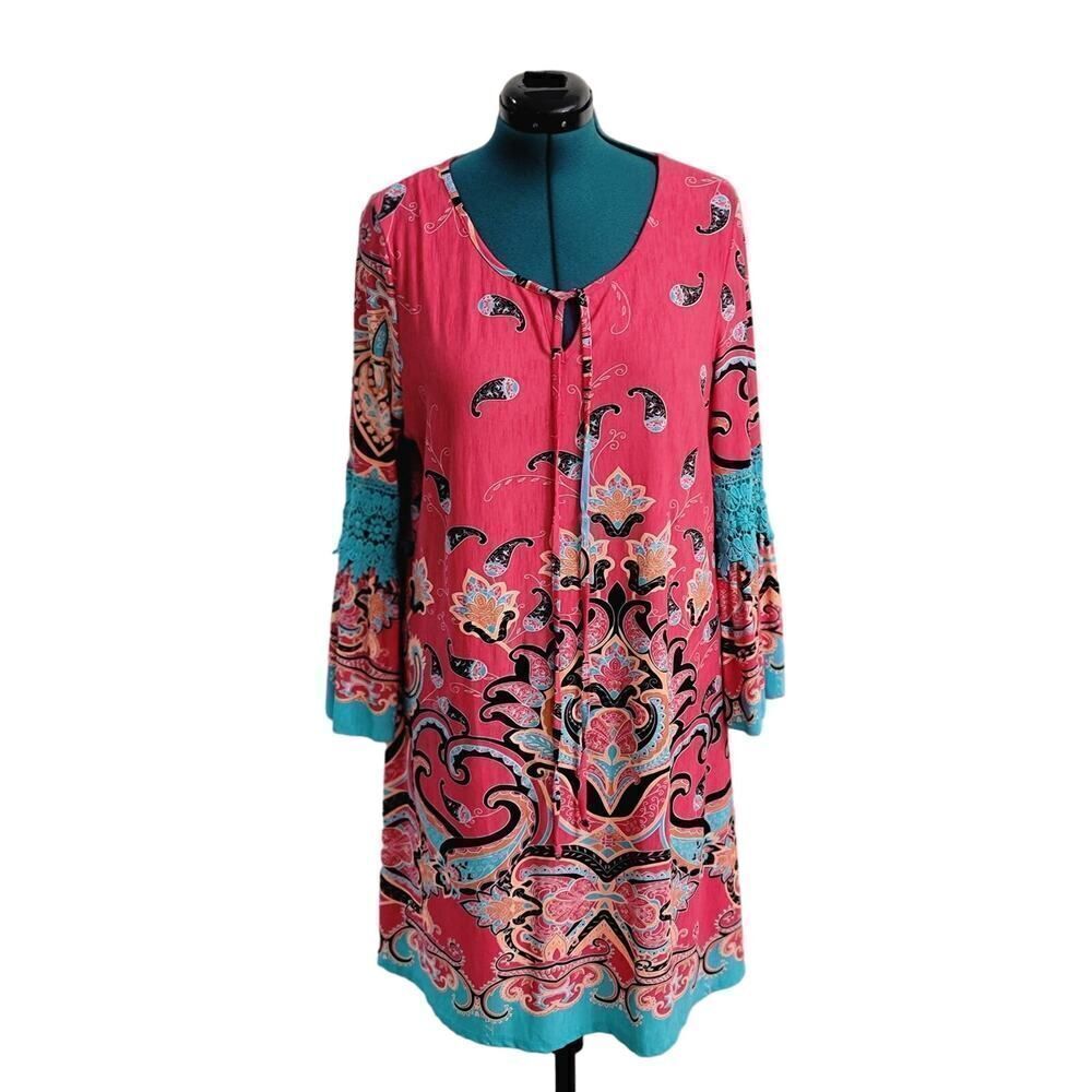 Honeyme Curvy Boho Paisley Pink Midi Dress Front Tie Floral Lace Beach Size XXXL